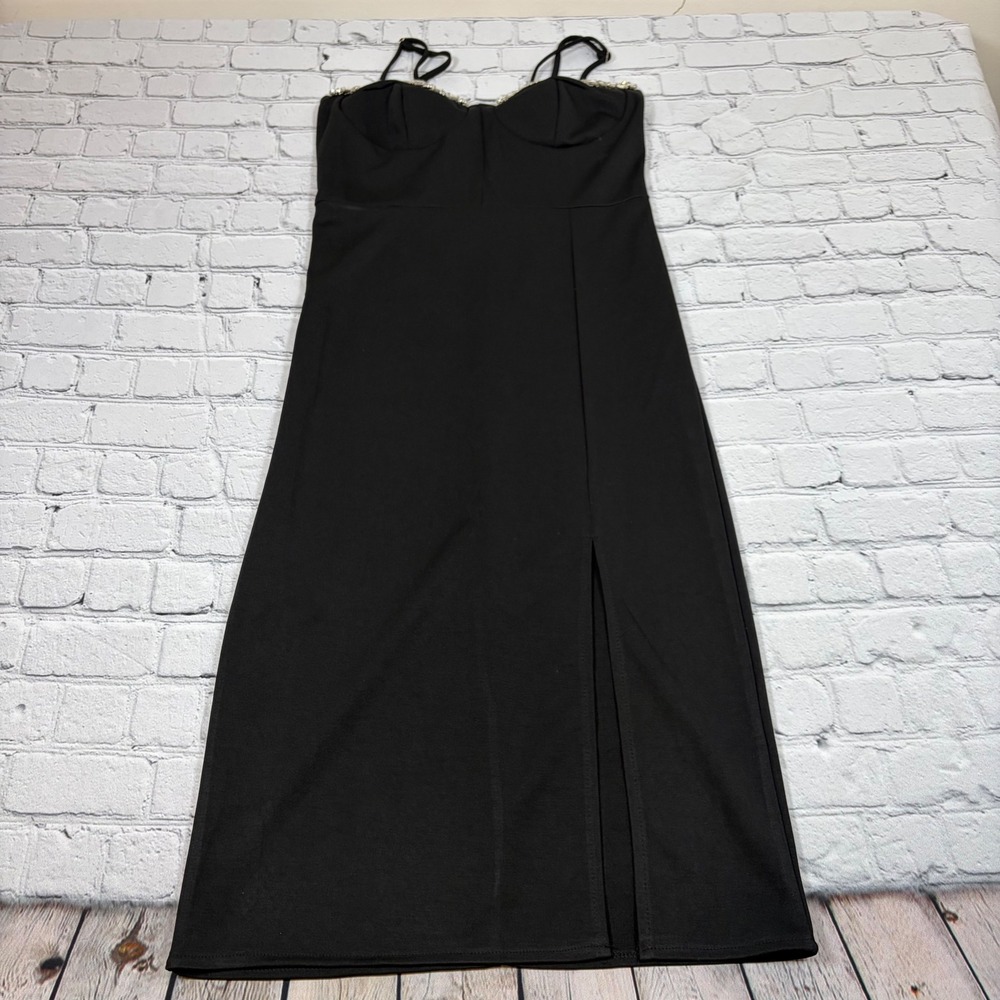 SHEIN Black Rhinestone Sweetheart Midi Dress Small Bustier Slit Evening Gown